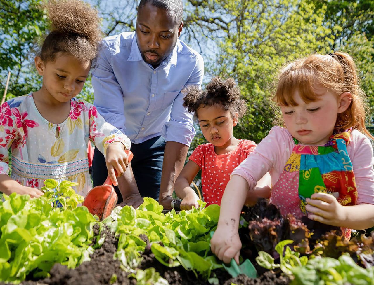 Man and three children tending a vegetable garden